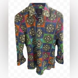 Hawes & Curtis UK Colorful Patchwork Patterned 100% Cotton Button-Up Shirt Sz S